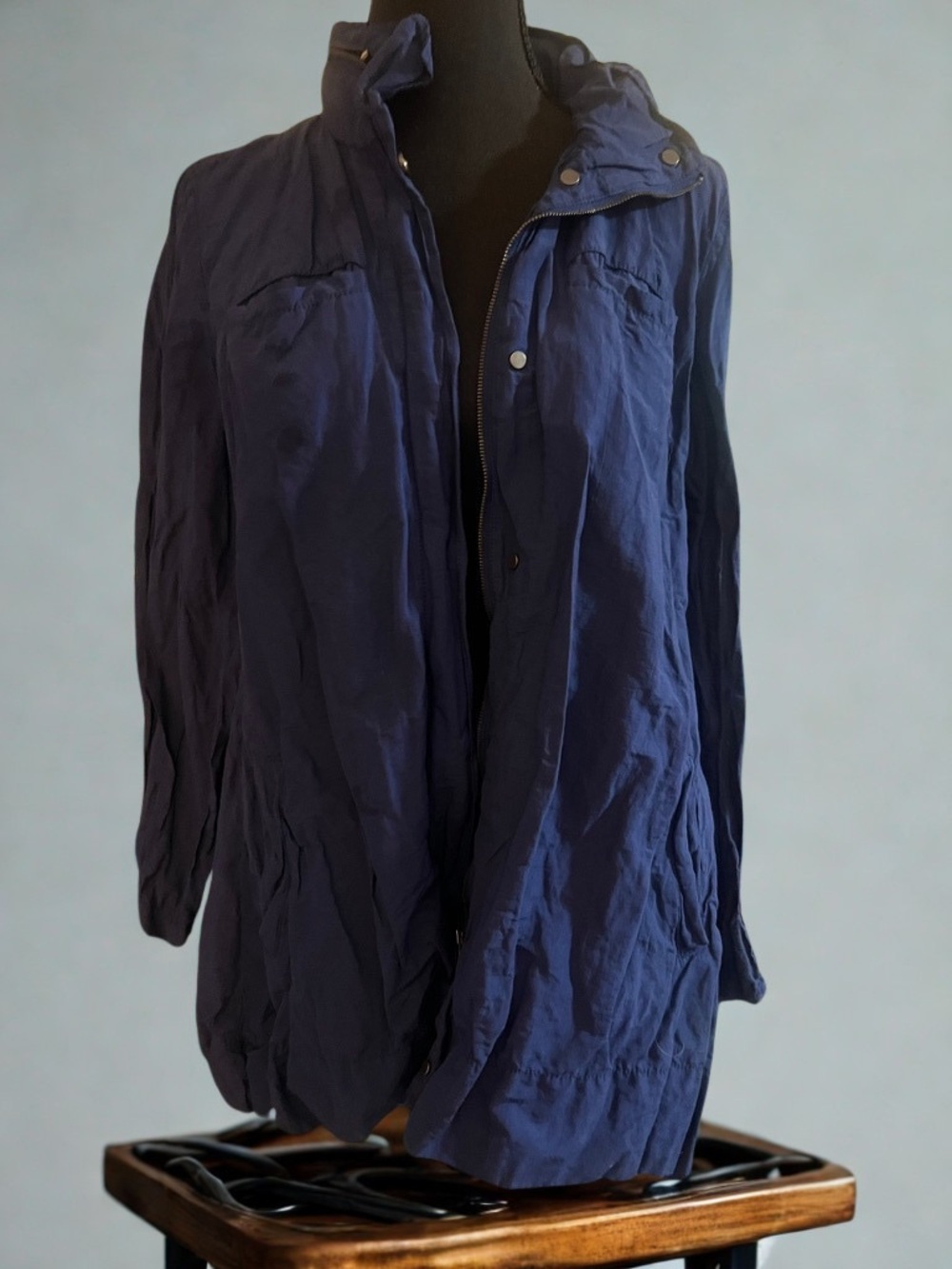 Women's Navy Blue Lightweight Hooded Coat with Tuckaway Hood